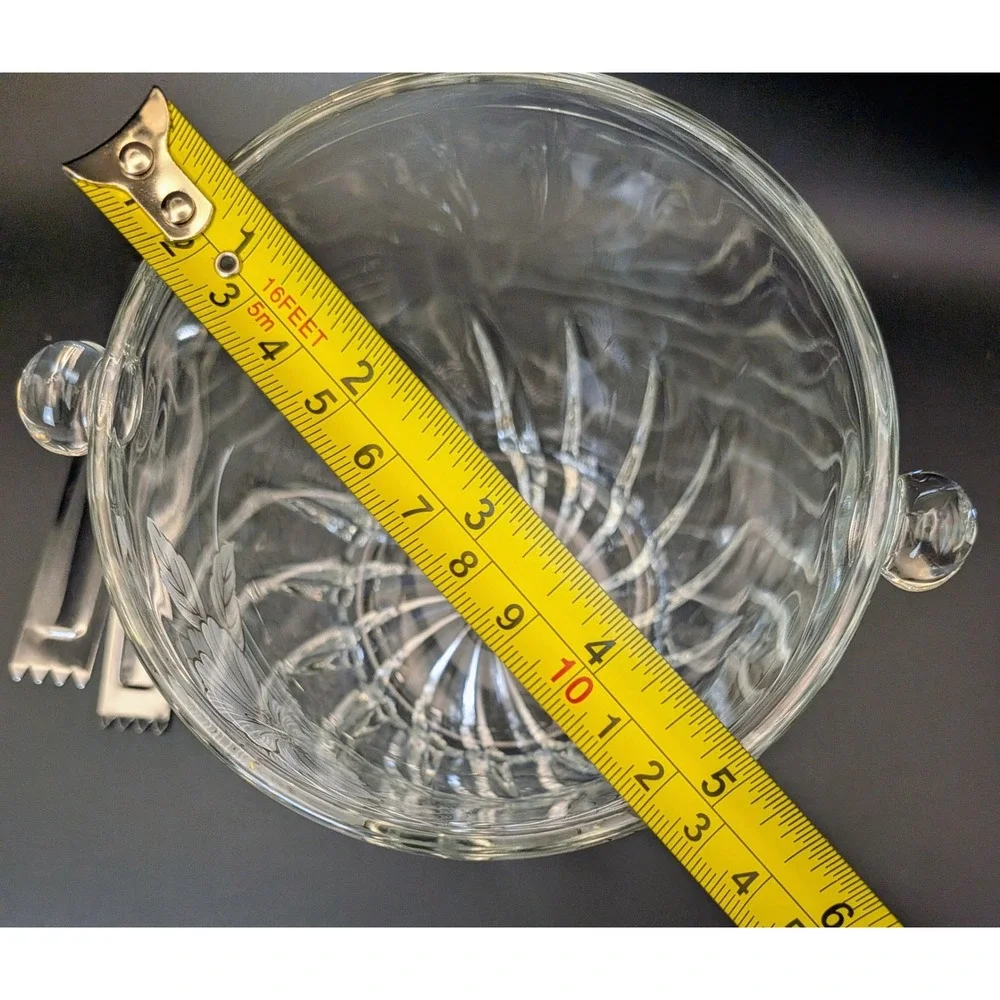 Vintage Mid Century Floral Etched Ice Bucket with Tongs